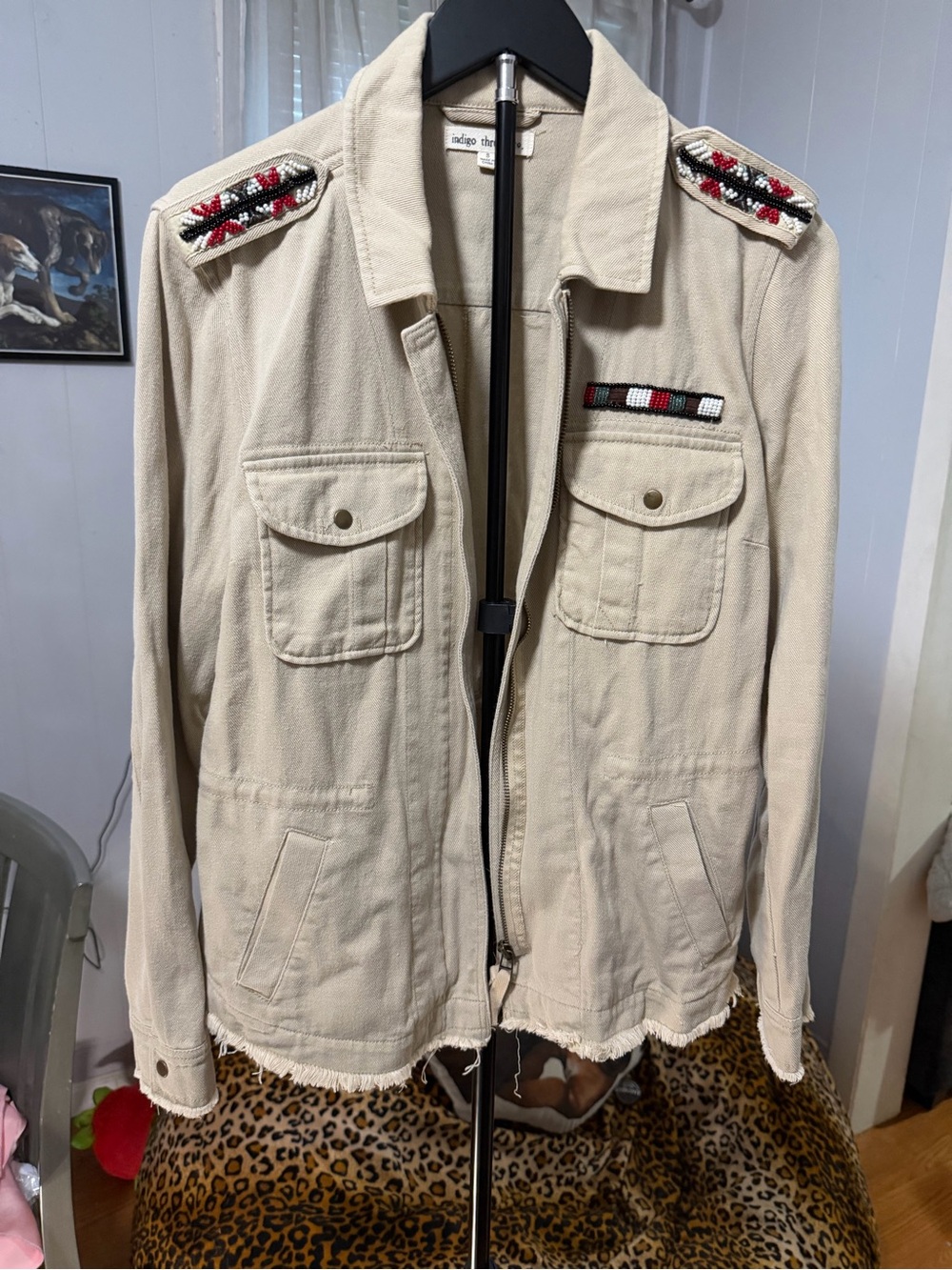 Indigo Thread Co. Khaki Beaded Military Utility Jacket Frayed Hem Small Boho